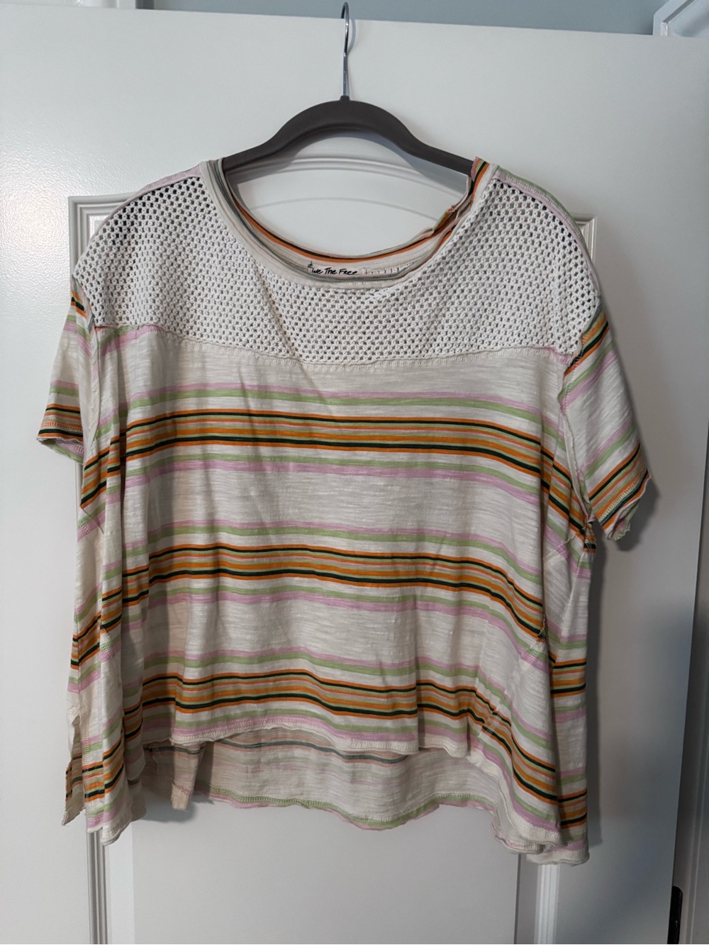 We The Free Cream Striped Short Sleeve Top with Crochet Yoke